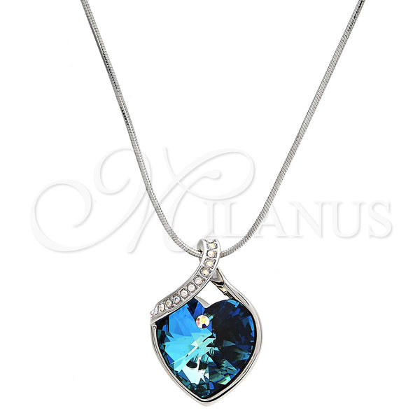 Rhodium Plated Pendant Necklace, Heart Design, with Bermuda Blue Swarovski Crystals and White Micro Pave, Polished, Rhodium Finish, 04.239.0006.16 (01 MM Thickness, 16 Inches Length)