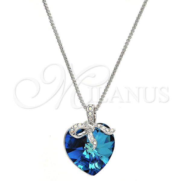 Rhodium Plated Pendant Necklace, Heart Design, with Bermuda Blue Swarovski Crystals and White Crystal, Polished, Rhodium Finish, 04.239.0007.16 (01 MM Thickness, 16 Inches Length)