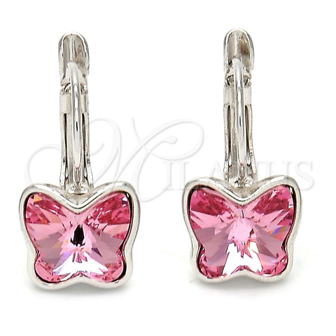 Rhodium Gold Filled Leverback Earring, Butterfly Design, with Light Rose Swarovski Crystals, Polished, Rhodium Finish, 02.239.0011