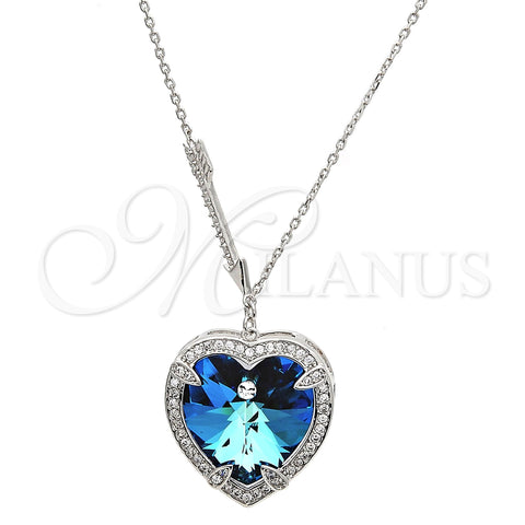 Rhodium Plated Pendant Necklace, Heart Design, with Bermuda Blue Swarovski Crystals and White Micro Pave, Polished, Rhodium Finish, 04.239.0014.16 (01 MM Thickness, 16 Inches Length)