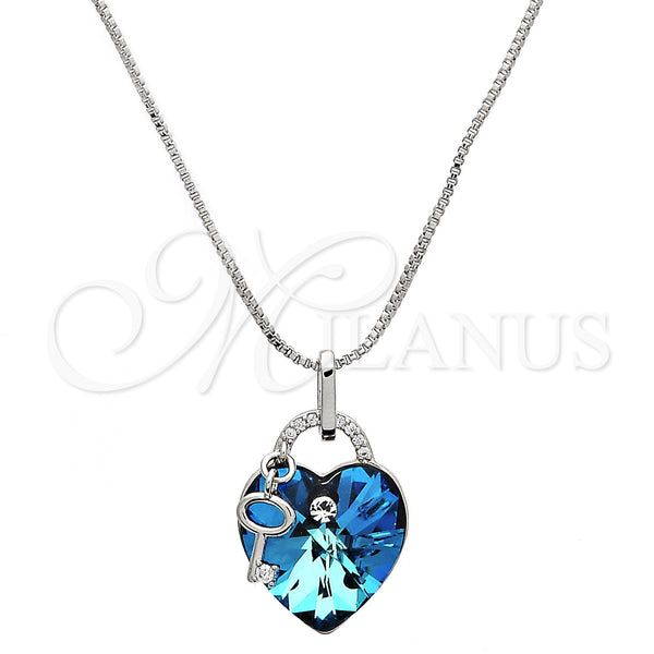 Rhodium Plated Pendant Necklace, Heart and key Design, with Bermuda Blue Swarovski Crystals and White Micro Pave, Polished, Rhodium Finish, 04.239.0015.16 (01 MM Thickness, 16 Inches Length)