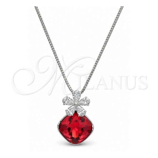White Gold Filled Pendant Necklace, Flower and Box Design, with Padparadscha Swarovski Crystals and White Cubic Zirconia, Polished, Rhodium Finish, 04.239.0020.16 (01 MM Thickness, 16 Inches Length)