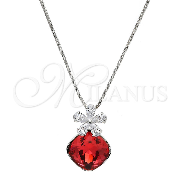 Rhodium Plated Pendant Necklace, Flower and Box Design, with Padparadscha Swarovski Crystals and White Cubic Zirconia, Polished, Rhodium Finish, 04.239.0020.16 (01 MM Thickness, 16 Inches Length)