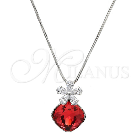Rhodium Plated Pendant Necklace, Flower and Box Design, with Padparadscha Swarovski Crystals and White Cubic Zirconia, Polished, Rhodium Finish, 04.239.0020.16 (01 MM Thickness, 16 Inches Length)