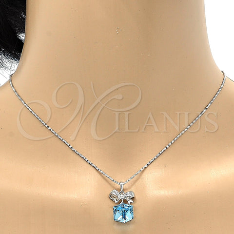 Rhodium Plated Pendant Necklace, Box and Bow Design, with Aquamarine Swarovski Crystals and White Micro Pave, Polished, Rhodium Finish, 04.239.0024.16 (01 MM Thickness, 16 Inches Length)