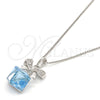 Rhodium Plated Pendant Necklace, Box and Bow Design, with Aquamarine Swarovski Crystals and White Micro Pave, Polished, Rhodium Finish, 04.239.0024.16 (01 MM Thickness, 16 Inches Length)