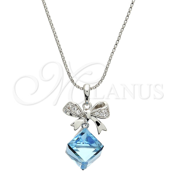 Rhodium Plated Pendant Necklace, Box and Bow Design, with Aquamarine Swarovski Crystals and White Micro Pave, Polished, Rhodium Finish, 04.239.0024.16 (01 MM Thickness, 16 Inches Length)