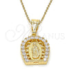 Oro Laminado Religious Pendant, Gold Filled Style Guadalupe Design, with White Cubic Zirconia, Polished, Golden Finish, 05.120.0016