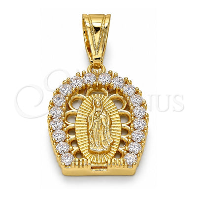 Oro Laminado Religious Pendant, Gold Filled Style Guadalupe Design, with White Cubic Zirconia, Polished, Golden Finish, 05.120.0016