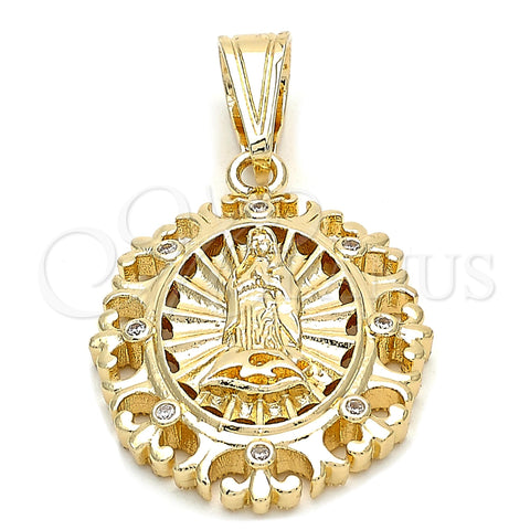 Oro Laminado Religious Pendant, Gold Filled Style Guadalupe Design, with White Cubic Zirconia, Polished, Golden Finish, 05.120.0030
