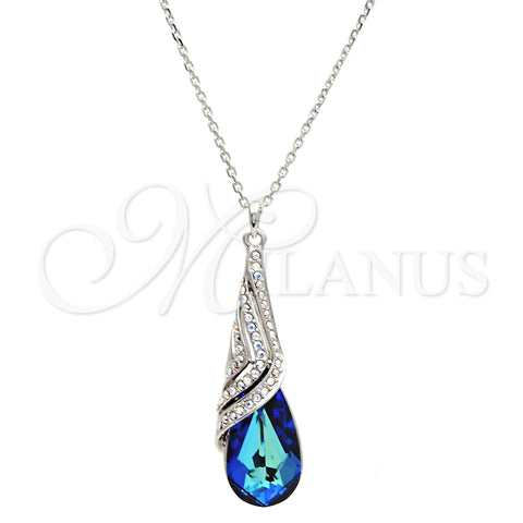 Rhodium Plated Pendant Necklace, Teardrop and Rolo Design, with Bermuda Blue and Aurore Boreale Swarovski Crystals, Polished, Rhodium Finish, 04.239.0037.16 (01 MM Thickness, 16 Inches Length)