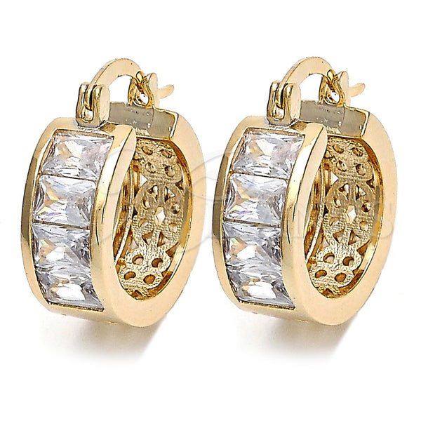Gold Filled Hoop Earrings — Small Hoop Baguette Design with White Cubic Zirconia — main product view — SKU 106467 | Oro Laminado aretes de aro — Small Hoop Baguette diseño with blanco Cubic Zirconia — SKU 106467