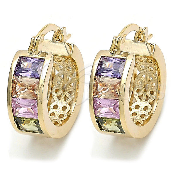 Gold Filled Hoop Earrings — Small Hoop Baguette Design with Multicolor Cubic Zirconia — main product view — SKU 106468 | Oro Laminado aretes de aro — Small Hoop Baguette diseño with Multicolor Cubic Zirconia — SKU 106468