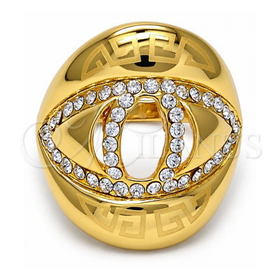 Oro Laminado Multi Stone Ring, Gold Filled Style Greek Key Design, with White Crystal, Polished, Golden Finish, 01.241.0001.10 (Size 10)