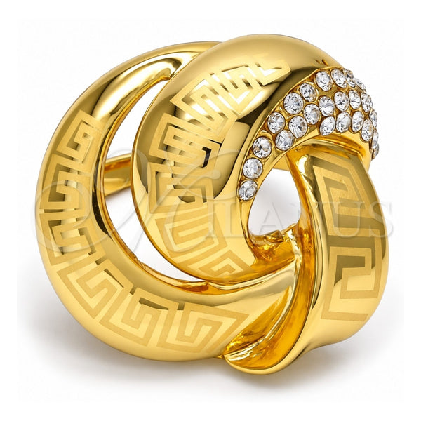 Oro Laminado Multi Stone Ring, Gold Filled Style Greek Key Design, with White Crystal, Polished, Golden Finish, 01.241.0004.09 (Size 9)