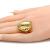 Oro Laminado Multi Stone Ring, Gold Filled Style Greek Key and Heart Design, with White Crystal, Polished, Golden Finish, 01.241.0012.08 (Size 8)