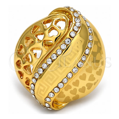 Oro Laminado Multi Stone Ring, Gold Filled Style Greek Key and Heart Design, with White Crystal, Polished, Golden Finish, 01.241.0012.08 (Size 8)