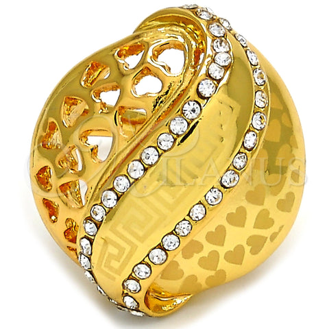 Oro Laminado Multi Stone Ring, Gold Filled Style Greek Key and Heart Design, with White Crystal, Polished, Golden Finish, 01.241.0012.10 (Size 10)