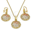 Oro Laminado Earring and Pendant Adult Set, Gold Filled Style Flower Design, Polished, Tricolor, 10.170.0011