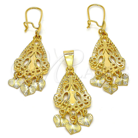 Oro Laminado Earring and Pendant Adult Set, Gold Filled Style Heart Design, Diamond Cutting Finish, Golden Finish, 10.170.0012