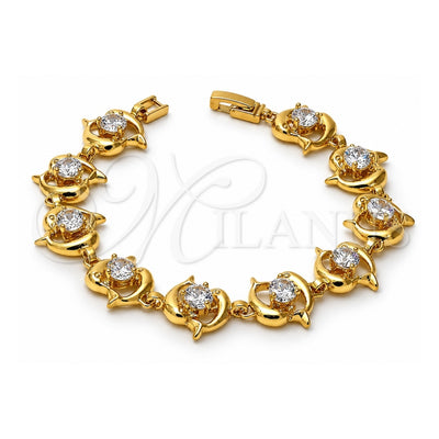 Oro Laminado Fancy Bracelet, Gold Filled Style Dolphin Design, with White Cubic Zirconia, Polished, Golden Finish, 5.030.001.1.08 (04 MM Thickness, 8 Inches Length)