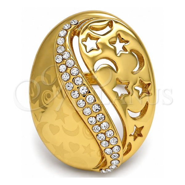 Oro Laminado Multi Stone Ring, Gold Filled Style Star and Moon Design, with White Crystal, Polished, Golden Finish, 01.241.0023.10 (Size 10)