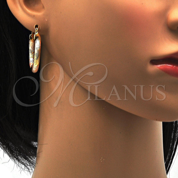 Gold Filled Hoop Earrings — Small Hoop Hollow Design Diamond Cutting Tricolor 5. — main product view — SKU 106643 | Oro Laminado aretes de aro — Small Hoop Hollow diseño Diamond Cutting Tricolor 5. — SKU 106643