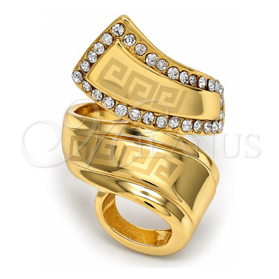 Oro Laminado Multi Stone Ring, Gold Filled Style Greek Key Design, with White Crystal, Polished, Golden Finish, 01.241.0028.10 (Size 10)