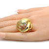 Oro Laminado Multi Stone Ring, Gold Filled Style Greek Key Design, with White Crystal, Polished, Golden Finish, 01.241.0029.08 (Size 8)