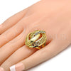 Oro Laminado Multi Stone Ring, Gold Filled Style Greek Key Design, with White Crystal, Polished, Golden Finish, 01.241.0033.07 (Size 7)