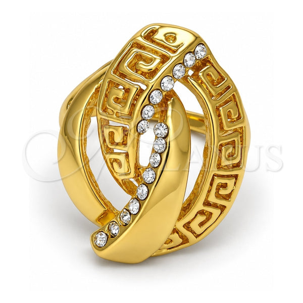 Oro Laminado Multi Stone Ring, Gold Filled Style Greek Key Design, with White Crystal, Polished, Golden Finish, 01.241.0033.07 (Size 7)