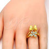 Oro Laminado Multi Stone Ring, Gold Filled Style Flower and Butterfly Design, with White Crystal, Polished, Golden Finish, 01.241.0036.09 (Size 9)
