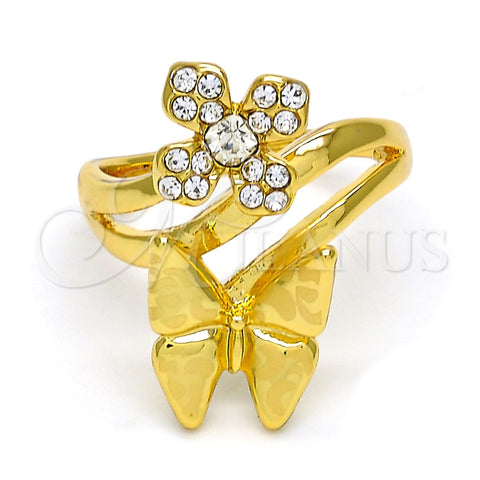 Oro Laminado Multi Stone Ring, Gold Filled Style Flower and Butterfly Design, with White Crystal, Polished, Golden Finish, 01.241.0036.09 (Size 9)