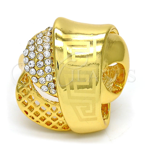 Oro Laminado Multi Stone Ring, Gold Filled Style Greek Key Design, with White Crystal, Polished, Golden Finish, 01.241.0038.08 (Size 8)