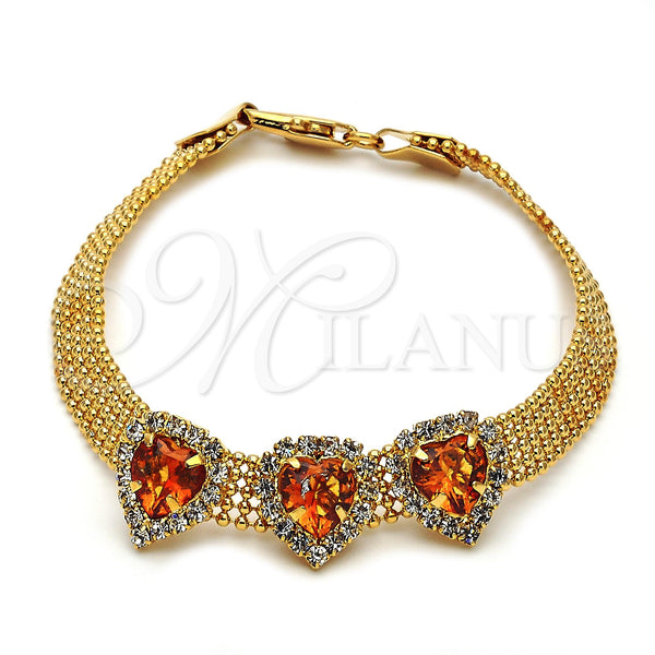 Gold Filled Bracelet — Fancy Bracelet Heart Design with Orange and White — main product view — SKU 106709 | Oro Laminado brazalete — elegante Bracelet corazón diseño with Orange and blanco — SKU 106709
