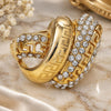 Oro Laminado Multi Stone Ring, Gold Filled Style Greek Key Design, with White Crystal, Polished, Golden Finish, 01.241.0040.07 (Size 7)