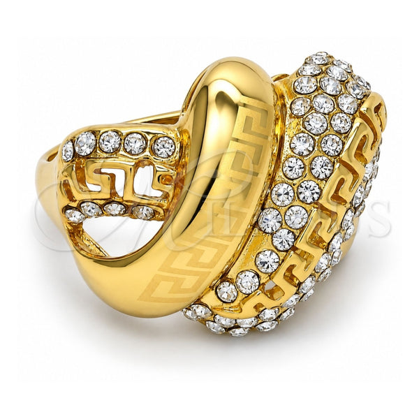 Oro Laminado Multi Stone Ring, Gold Filled Style Greek Key Design, with White Crystal, Polished, Golden Finish, 01.241.0040.09 (Size 9)