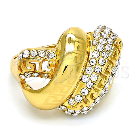 Oro Laminado Multi Stone Ring, Gold Filled Style Greek Key Design, with White Crystal, Polished, Golden Finish, 01.241.0040.09 (Size 9)