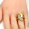 Oro Laminado Multi Stone Ring, Gold Filled Style Greek Key Design, with White Crystal, Polished, Golden Finish, 01.241.0052.09 (Size 9)