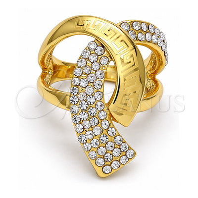 Oro Laminado Multi Stone Ring, Gold Filled Style Greek Key Design, with White Crystal, Polished, Golden Finish, 01.241.0052.09 (Size 9)