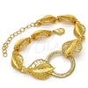 Oro Laminado Fancy Bracelet, Gold Filled Style Leaf Design, with White Crystal, Polished, Golden Finish, 03.241.0001.08 (25 MM Thickness, 8 Inches Length)