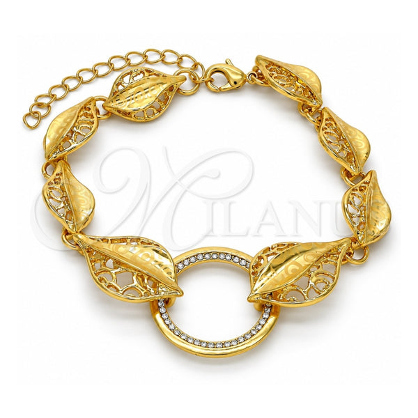 Oro Laminado Fancy Bracelet, Gold Filled Style Leaf Design, with White Crystal, Polished, Golden Finish, 03.241.0001.08 (25 MM Thickness, 8 Inches Length)
