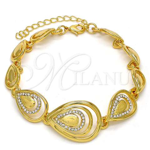 Oro Laminado Fancy Bracelet, Gold Filled Style Teardrop and Greek Key Design, with White Crystal, Polished, Golden Finish, 03.241.0003.08 (21 MM Thickness, 8 Inches Length)