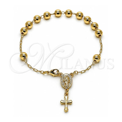 Oro Laminado Bracelet Rosary, Gold Filled Style Virgen Maria and Cross Design, Polished, Golden Finish, 03.197.0001.08