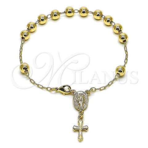 Oro Laminado Bracelet Rosary, Gold Filled Style Virgen Maria and Cross Design, Polished, Golden Finish, 03.197.0001.08