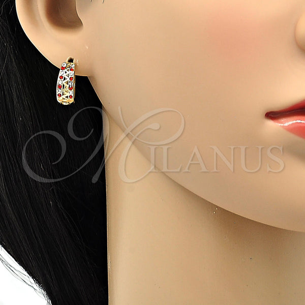 Gold Filled Hoop Earrings — Huggie Hoop with Garnet and White Crystal Polished — alternate product view — SKU 106798 | Oro Laminado aretes de aro — Huggie Hoop with Garnet and cristal blanco pulido — SKU 106798