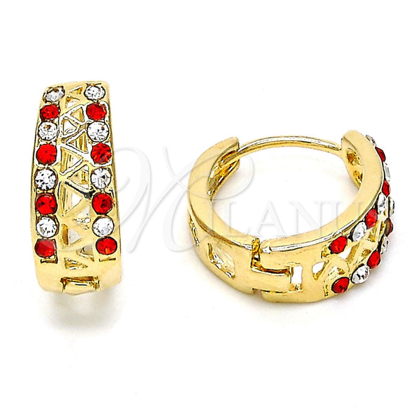 Gold Filled Hoop Earrings — Huggie Hoop with Garnet and White Crystal Polished — main product view — SKU 106798 | Oro Laminado aretes de aro — Huggie Hoop with Garnet and cristal blanco pulido — SKU 106798