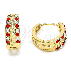 Gold Filled Hoop Earrings — Huggie Hoop with Garnet and White Crystal Polished — main product view — SKU 106798 | Oro Laminado aretes de aro — Huggie Hoop with Garnet and cristal blanco pulido — SKU 106798