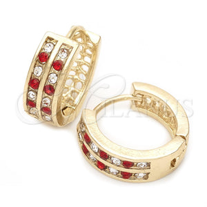 Gold Filled Hoop Earrings — Huggie Hoop with Garnet and White Crystal Polished — main product view — SKU 106803 | Oro Laminado aretes de aro — Huggie Hoop with Garnet and cristal blanco pulido — SKU 106803