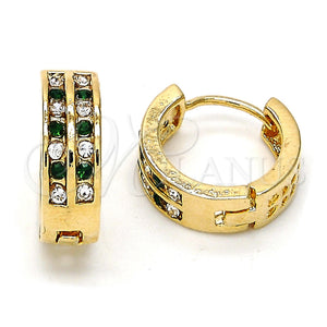 Gold Filled Hoop Earrings — Huggie Hoop with Green and White Crystal Polished — main product view — SKU 106806 | Oro Laminado aretes de aro — Huggie Hoop with Green and cristal blanco pulido — SKU 106806